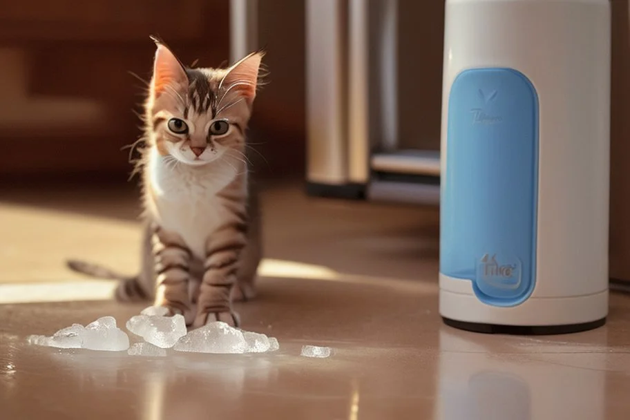 Cute tabby kitten sniffing ice water spilling from a thermos in a kitchen in the sunshine. Ice cubes and snowflakes.