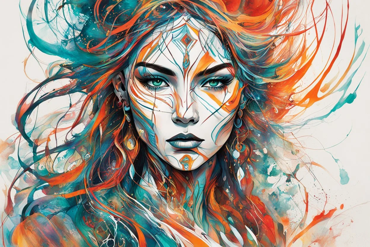 create an abstract expressionist illustration of a deeply spiritual, ethereal, darkly magical, epic nomadic tundra huntress with highly detailed and deeply cut facial features, searing lines and forceful strokes, precisely drawn, inked, with vibrant striking colors