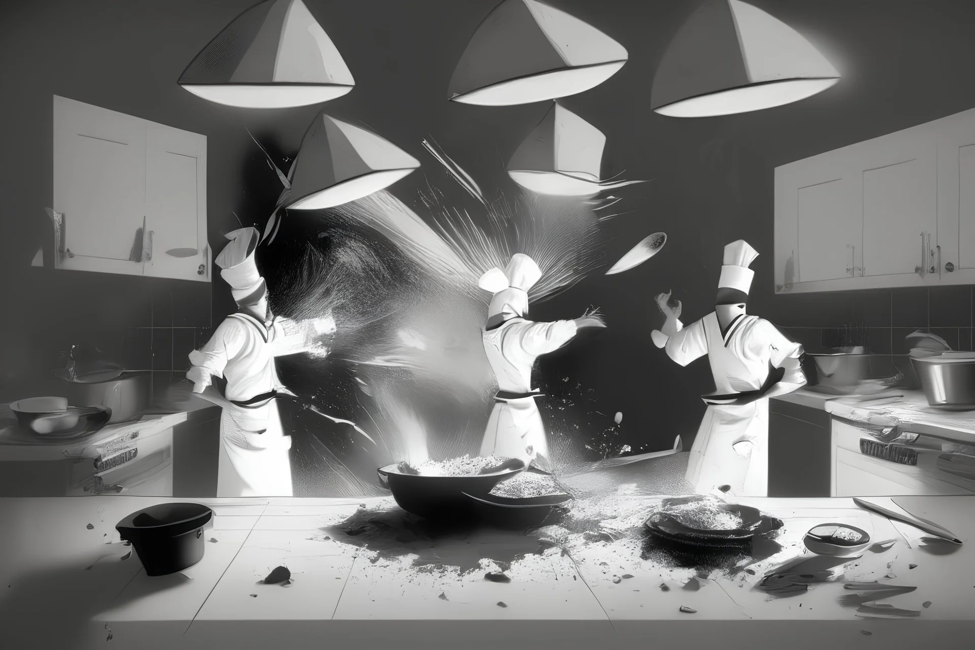 black white storybord, 3 chefs, scattered throughout the kitchen cooking, frying, cutting looking