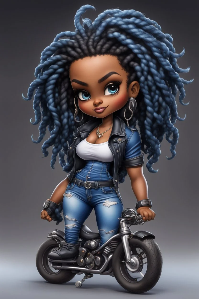 create an airbrush illustration of a chibi cartoon voluptuous black female wearing a blue jean outfit with biker boots. Prominent make up with hazel eyes. Extremely highly detail of a twisted dreadlocks. Background of a bike show.