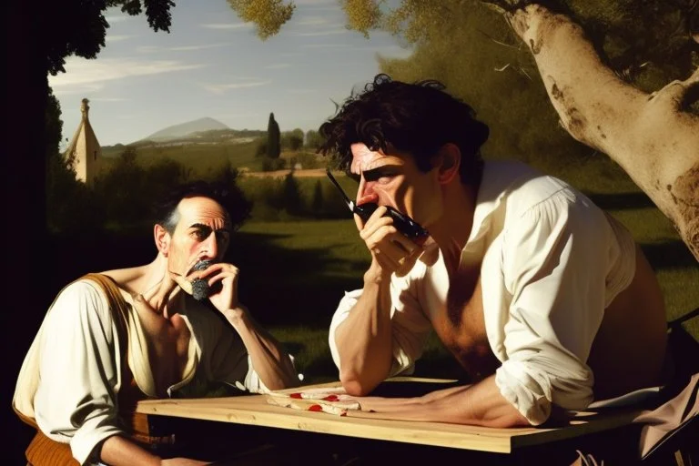 man smoking on picnic table by Caravaggio