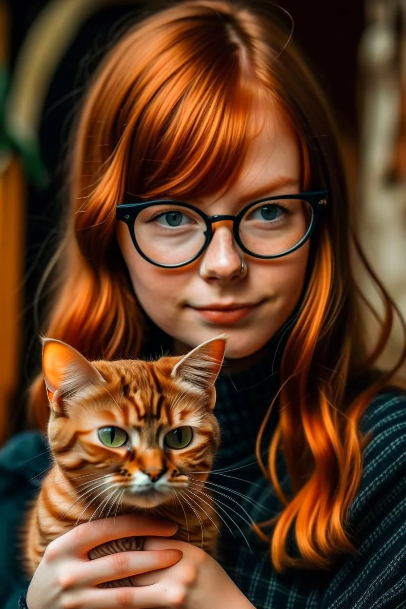 girl with ginger hair in a fringe with glasses and a septum piercing holding a tabby cat like a baby