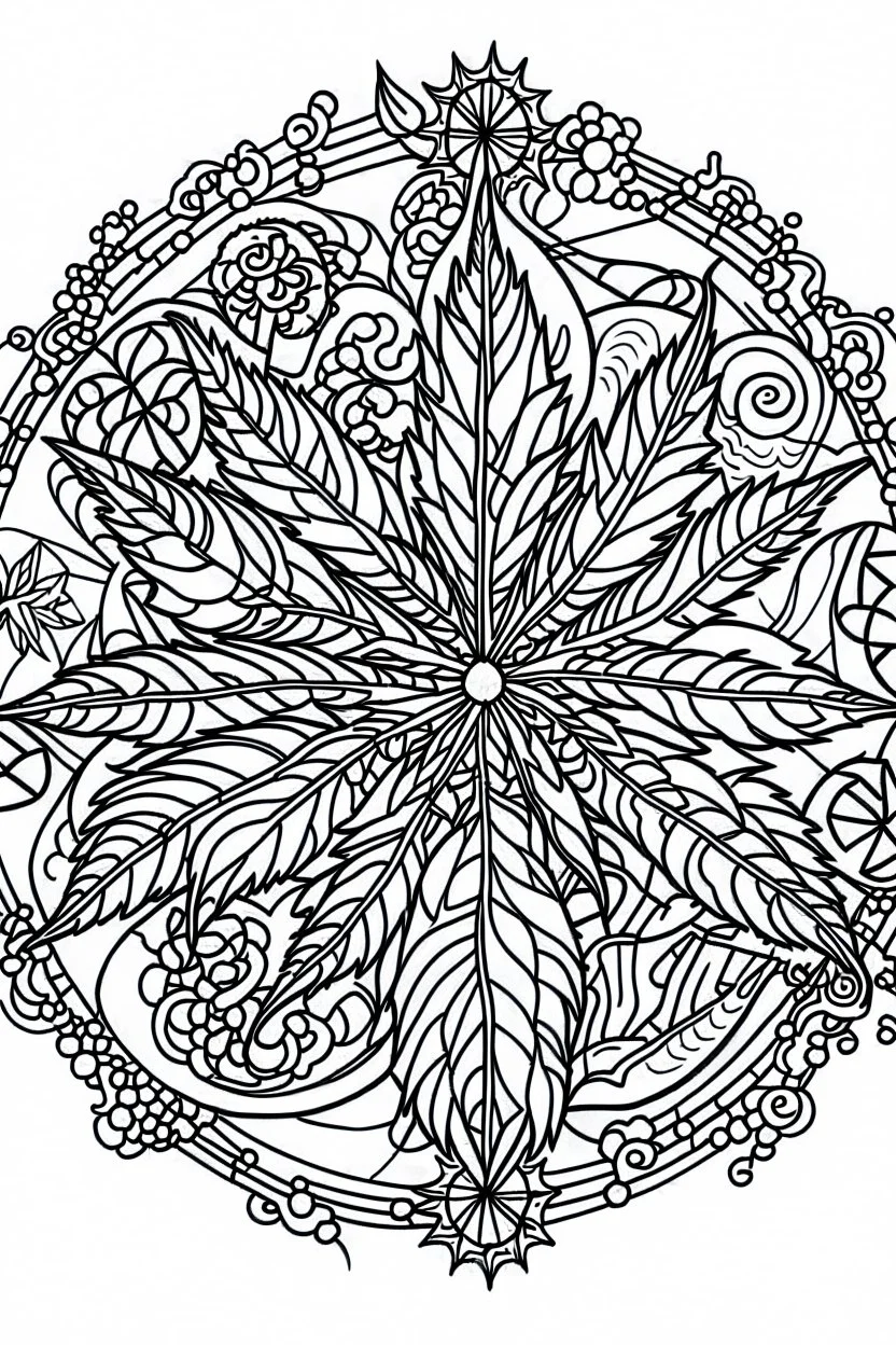 outline art for stoners coloring pages with A very simple stained glass style design featuring swirling smoke patterns and intricate cannabis leaf details., white background, sketch style, fully body, only use outline, mandala style, clean line art, white background, no shadows and clear and well outlined