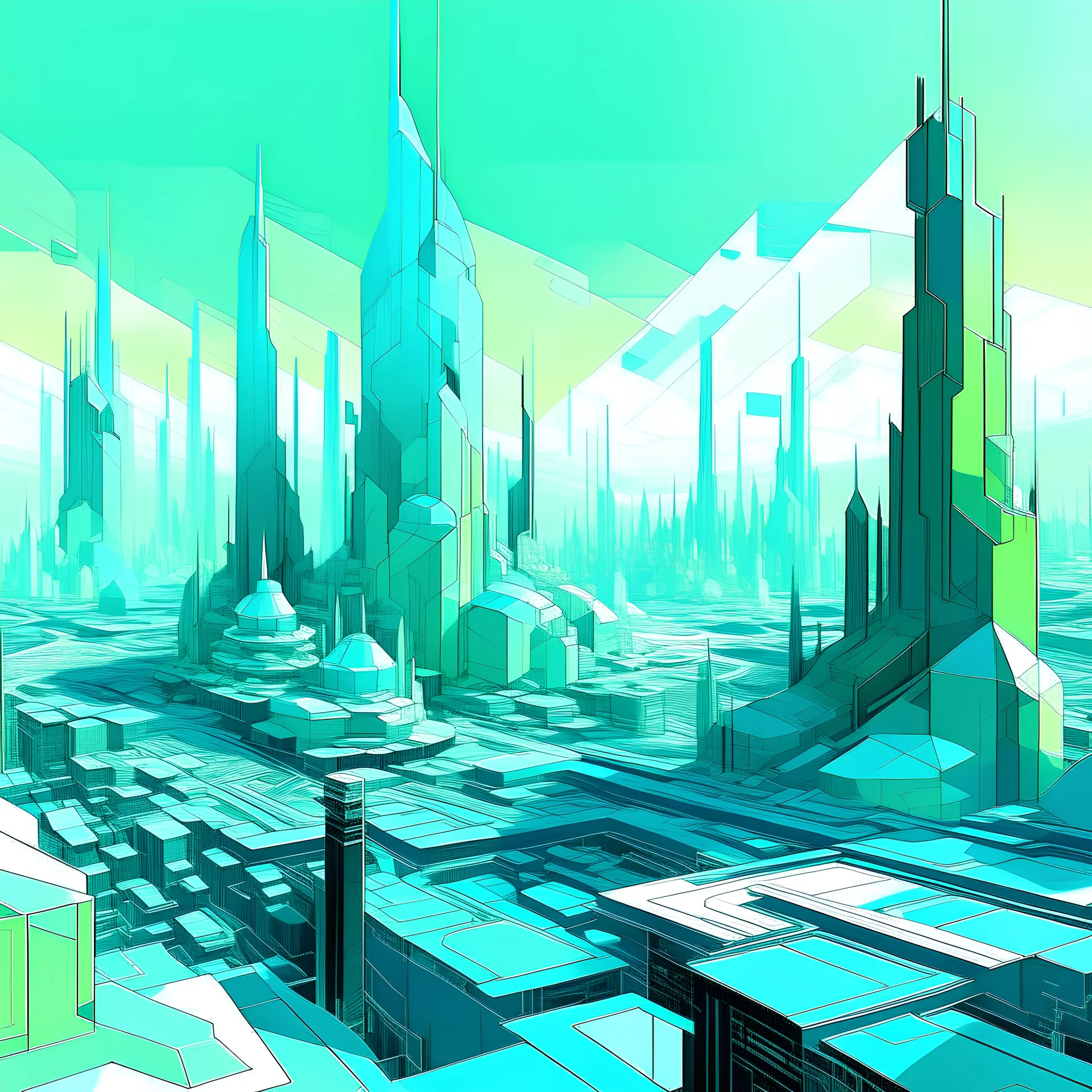 Digital illustration by Frank Miller of a futuristic and polygonal city, colors are 60% white, 20% light blue (#DBF0EC) and 20% light green (#CCE7D5).