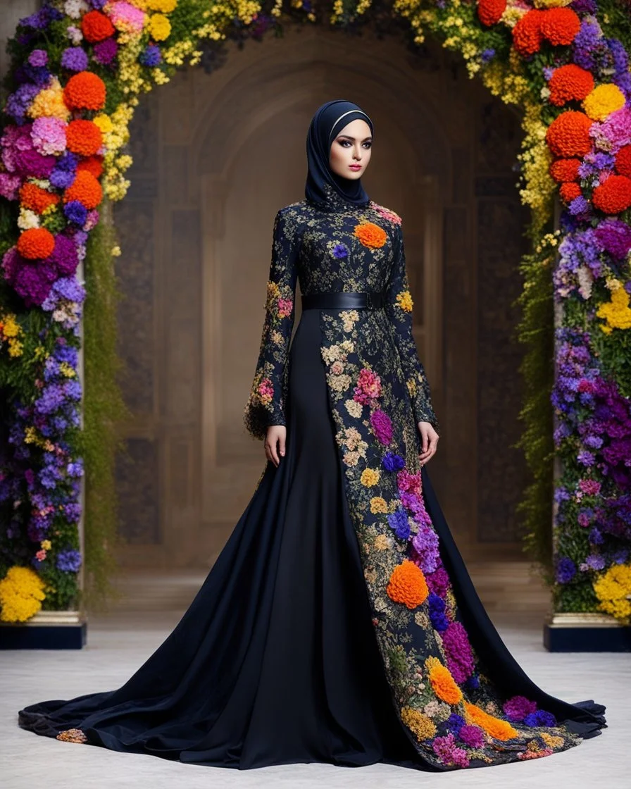 Full body Digital Photography art ,islamic fashion show cat walk gorgeous super model very beautiful woman iranian hijab ,dressing black luxury design colorful clothes gown made of flowers ,full of various kinds of flowers,digital photo sharp colors