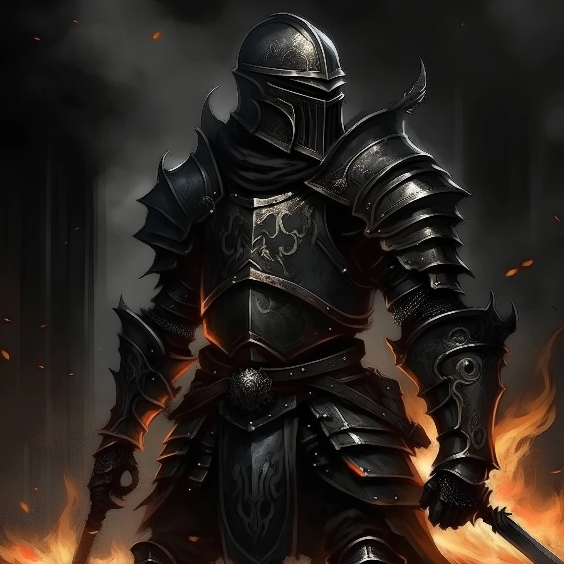 make a painting of a knight in black fire armor in the style of dark fantasy comics