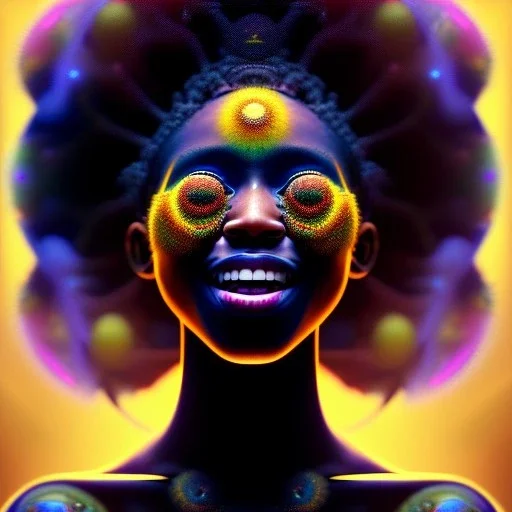 Octane render. 4K Oil painting. Fine art. Detailed. Fractal. Chakras. Sacred geometry. a brain exploding. kintsugi. Chaos. Portrait of a young black woman laughing. Screaming. Smiling. dark skin black woman .a mind exploding. limitless. .non linear reality . Laugh until you cry. Tears the colour of oil. joy rolling of her body. Tears of her eyes nose and mouth like a oil spill.