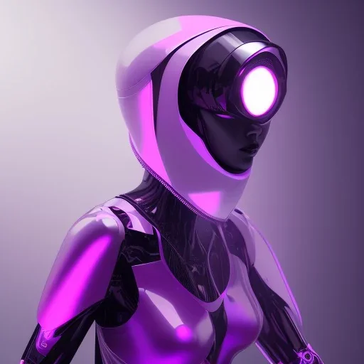 Cute girl in a robotic hijab suit, purple and pink backlight, orange lighting, profile