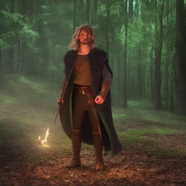 wizard in woods casting spell, dark magic, green glow, midnight