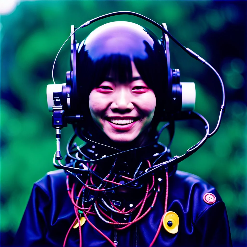 Japanese Solarpunk hacker cyborg: Lush Void, documentary photography, animorphic, captivating moments, smile, award-winning photography, shot on Agfa, taken with Hasselblad --ar 4:5