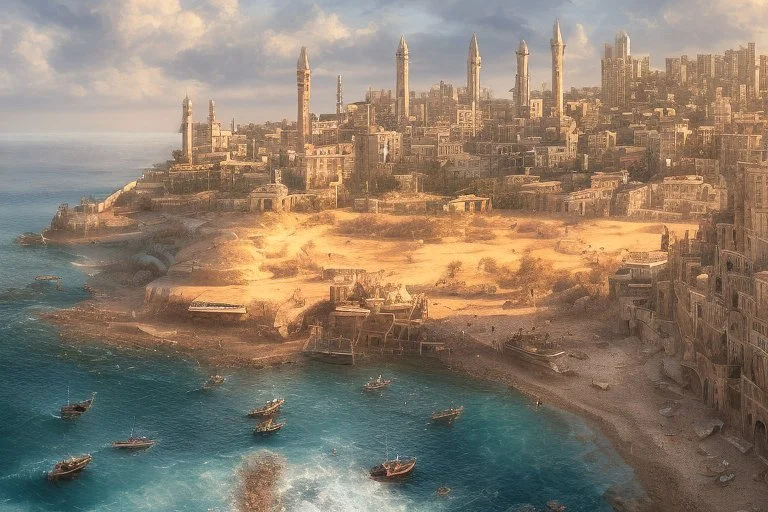 image taken of jaffa, by the sea shore, old stunning buildings, 4k, masterpice, award wining picture, realistic, higly detailed, in style of city of numemor from lord of the rings,