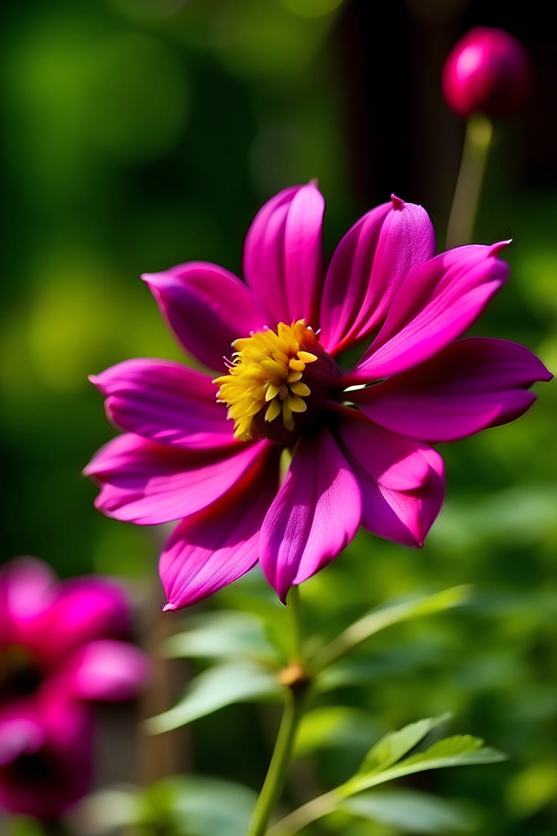 A small flower that grows up to 6 inches (15 cm) tall, with petals that are generally caramel; each flower tends to be a variation of this colour. Dozens of medium-sized flowers grow along the length of the stem. Perforated, magenta leaves alternate on the stem from about halfway up, up to the flower head. --- Fact: All of it is said to be part of one single, massive plant.