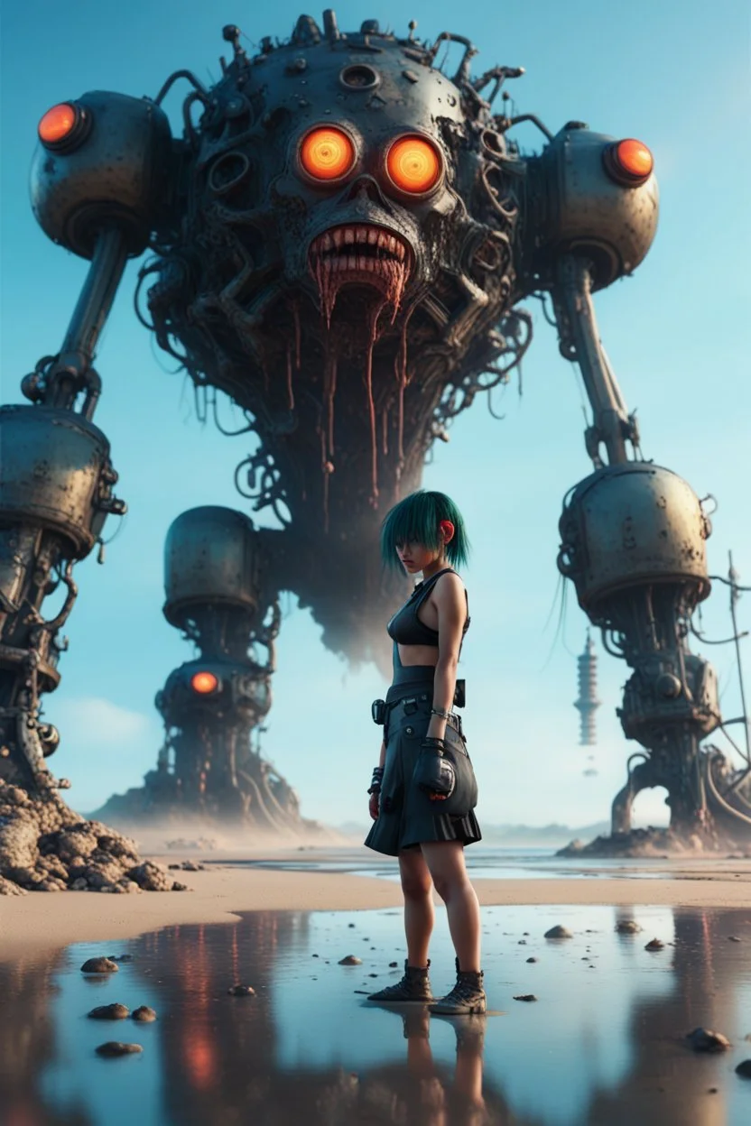 8K, masterpiece, photo-realistic, amazing reflections, wonderful textures, perfect skin, dynamic, cinematic, dramatic, deep low angle: a giant cyberpunk coffee monster and a cyberpunk girl talks on a polluted littered nuclear beach, front view, close-up, summer vibe, Akira vibe, Katsuhiro Otomo style, bold vivid colors, sharp shadows, black outlines, ultra detailed, extremely intricate, sweat droplets