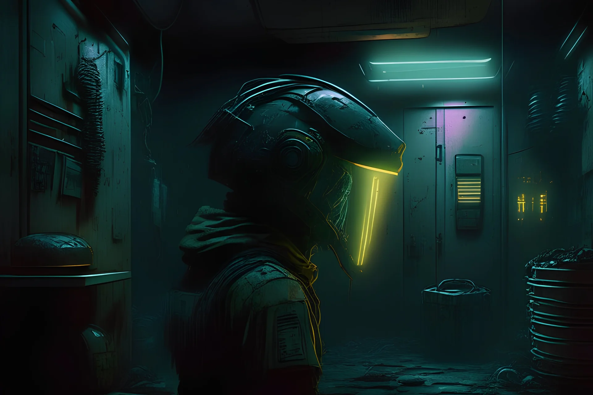 dimly lit grimy cyberpunk security room with a single helmet inside