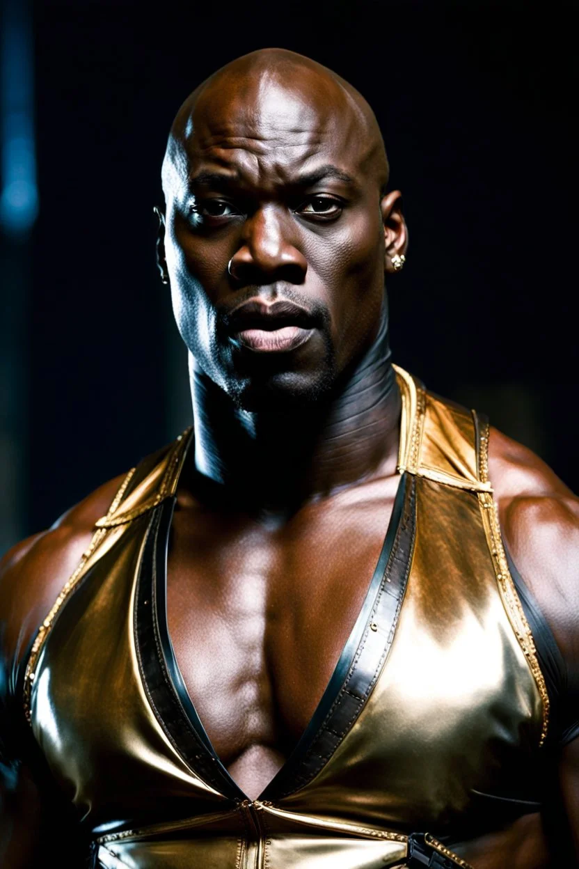 Adewale Akinnuoye-Agbaje x morris cheshunt as a handsome dark skinned and muscular heavy set man with a bald head and neatly trimmed beard. he is wearing a leather waistcoat and no shirt. he has a gold earing in his left ear. he has a angry expression on his face