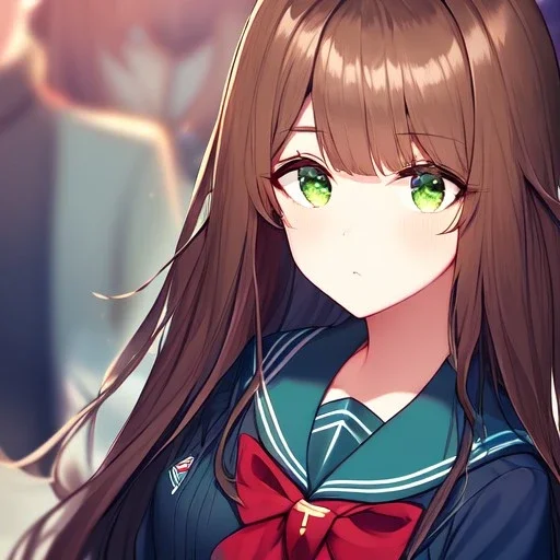 Clear focus,High resolution, Brown long fluffy hair, long bangs, and green eyes, Depressed girl, wearing a sailor uniform, frowning, red bow, Extreme Close up