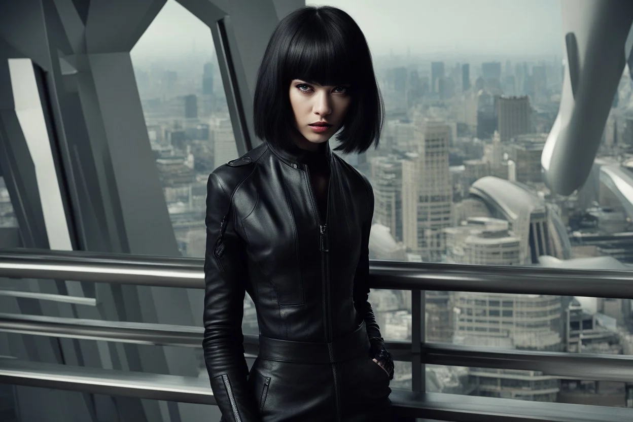 girl wearing black leather, shoulder-length bob, with fringe, in a science fiction building leaning over a balcony, looking at a large city