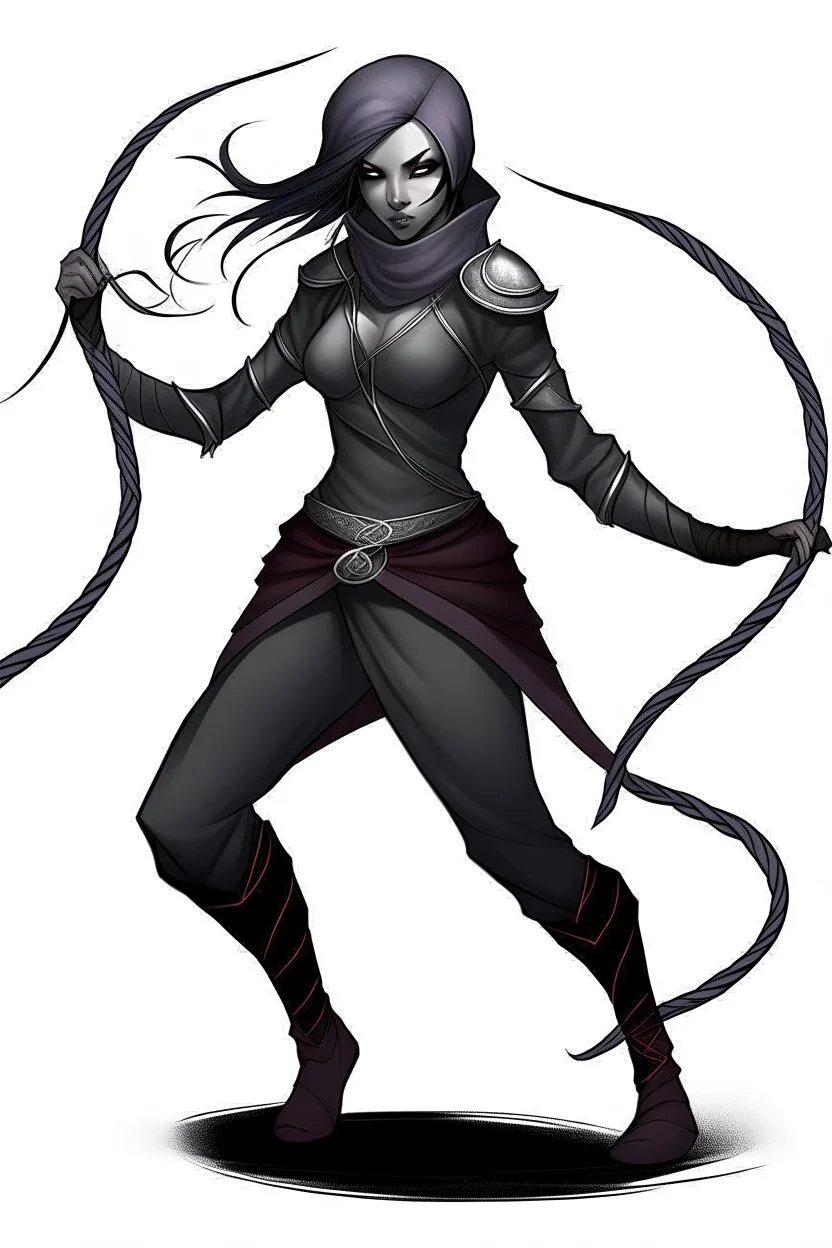 female gray skin Shadar-Kai wielding a Whip a whip made out of black thorns