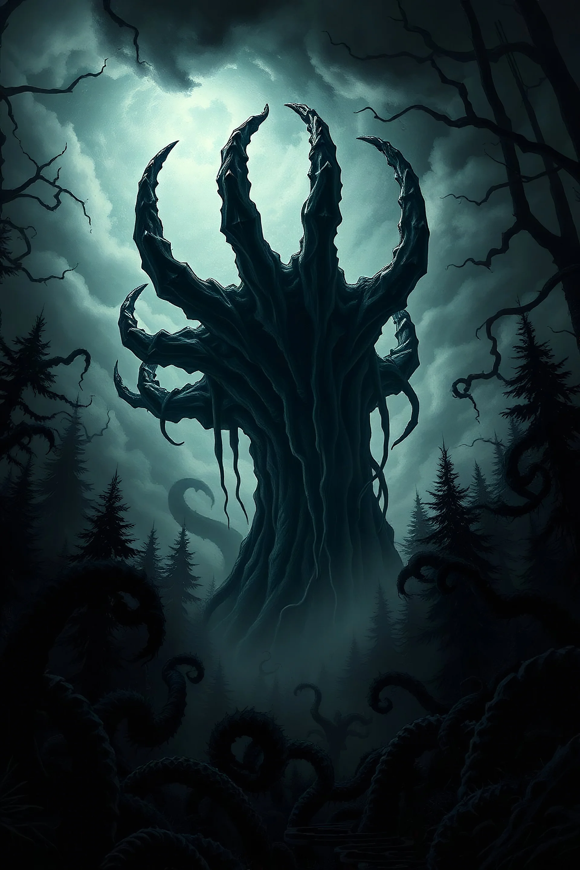 dark forest, black metal style, sorrowful, gloam, misty, and bleak, comic book style shadowy claw from the clouds, tentacles surrounding