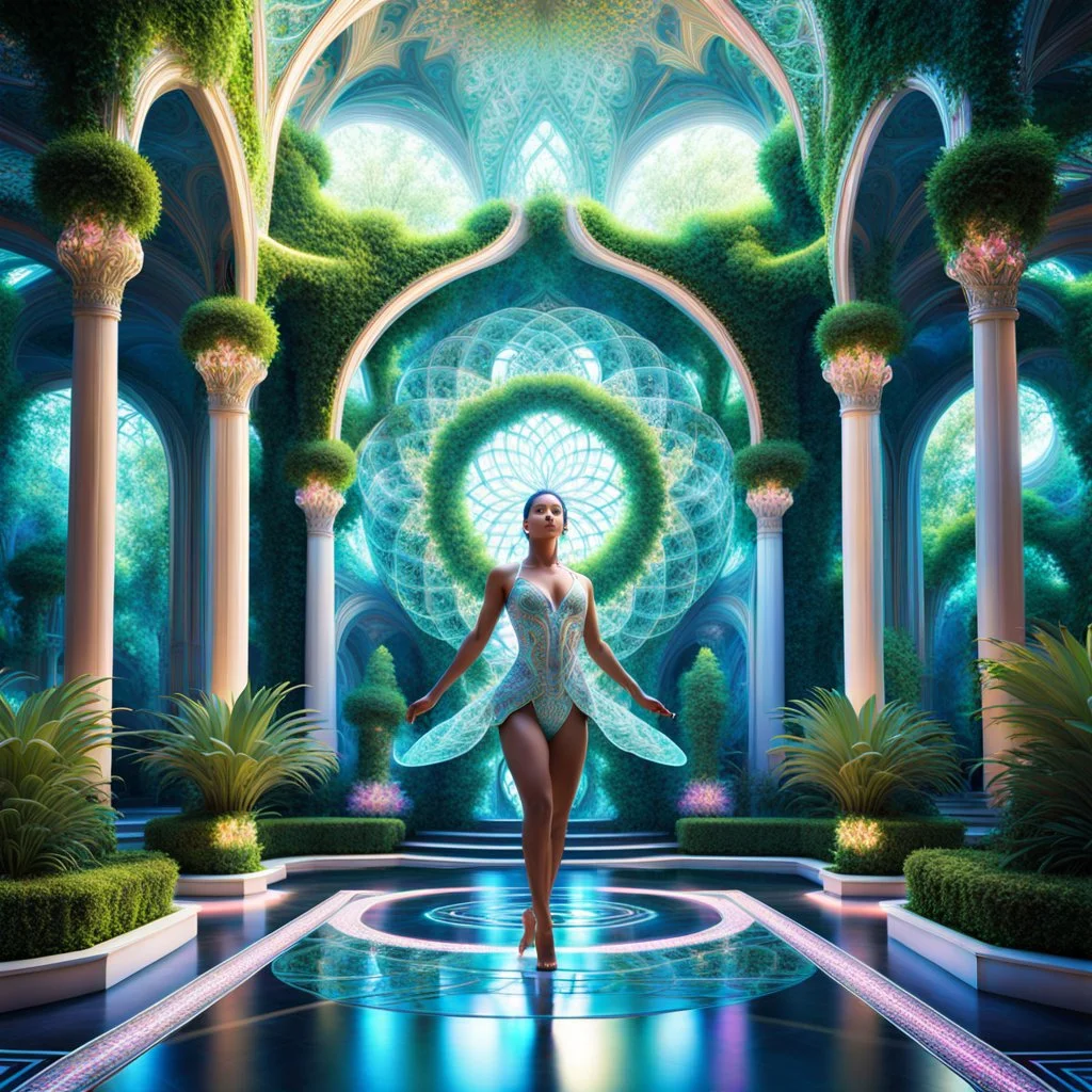 3D fractal recursive art of dancer girls in a futuristic magical villa garden. Intricate, detailed, dreamlike, fantastical, surreal, volumetric, layered, geometric patterns. Ethereal, shimmering, otherworldly. Elegant, graceful dancers in motion, surrounded by lush, verdant vegetation, ornate architecture, and glowing, luminescent elements. Vibrant, saturated colors. Mystical, sci-fi, utopian atmosphere