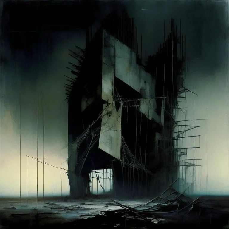 Dark Contemporary abstract painting of Lebbeus Woods brutalist architecture in a wasteland techno decaying landscape. Hazy foggy night sky. Concrete ground. Exposed twisted concrete and wires. Style Justin Mortimer and JMW Turner.