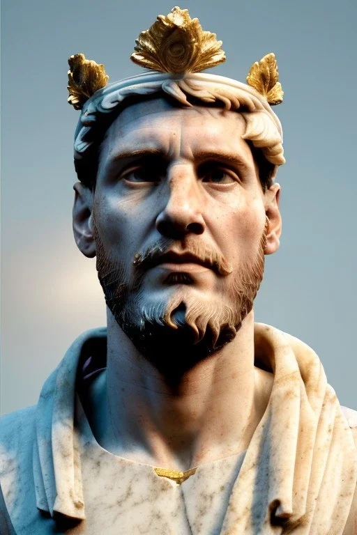 Realistic image, Roman sculpture made in white marble with gold veins, Lionel messi with gold laurel leaves crown, two blue brushes, decorative star on the chest, waist up portrait, marble material, gold ornaments, Baroque style, sun rays background, epic, celestial, cinematic lighting, God lights, 4k resolution, smooth details, soft lighting, unreal engine 5, art station, substance 3d.