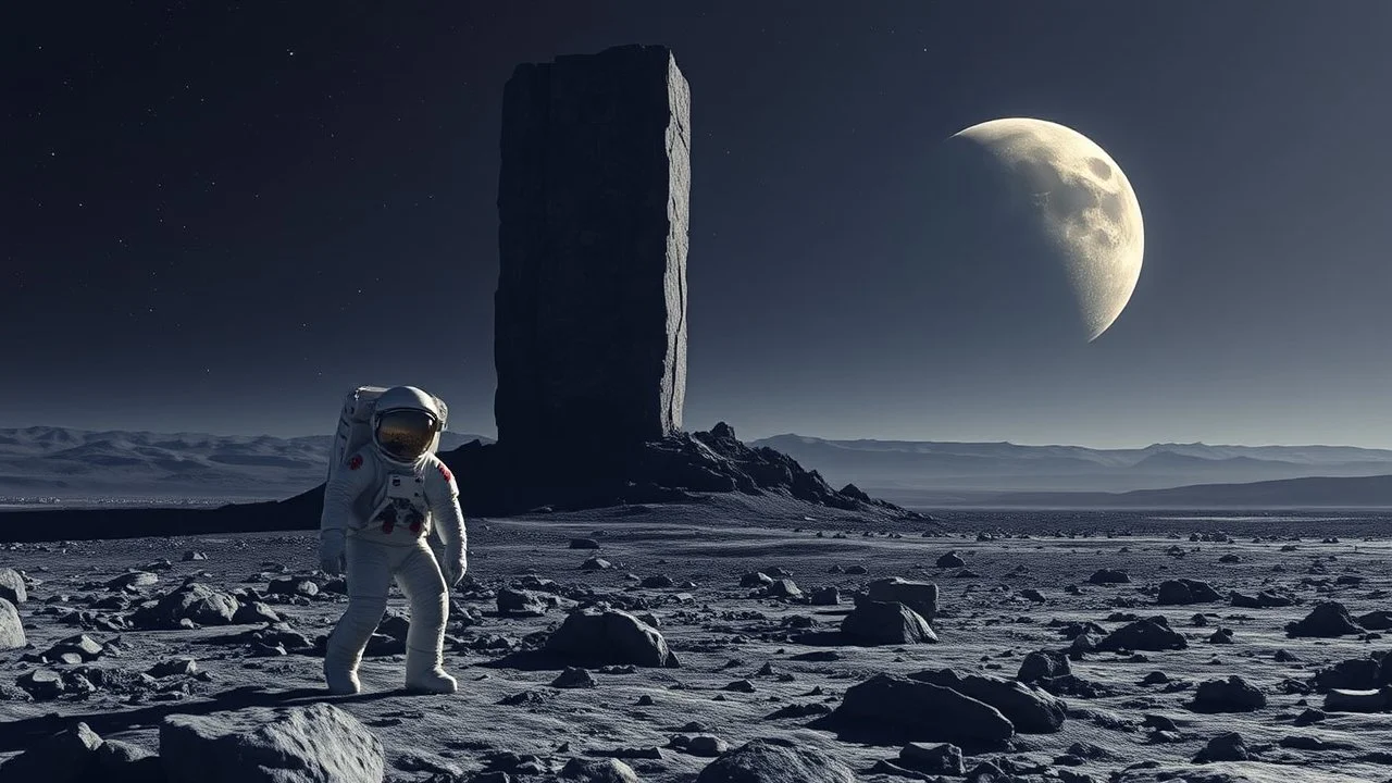 Astronaut staring at a mysterious monolith standing prominent in a Lunar landscape. The globe of earth can be seen in the sky.