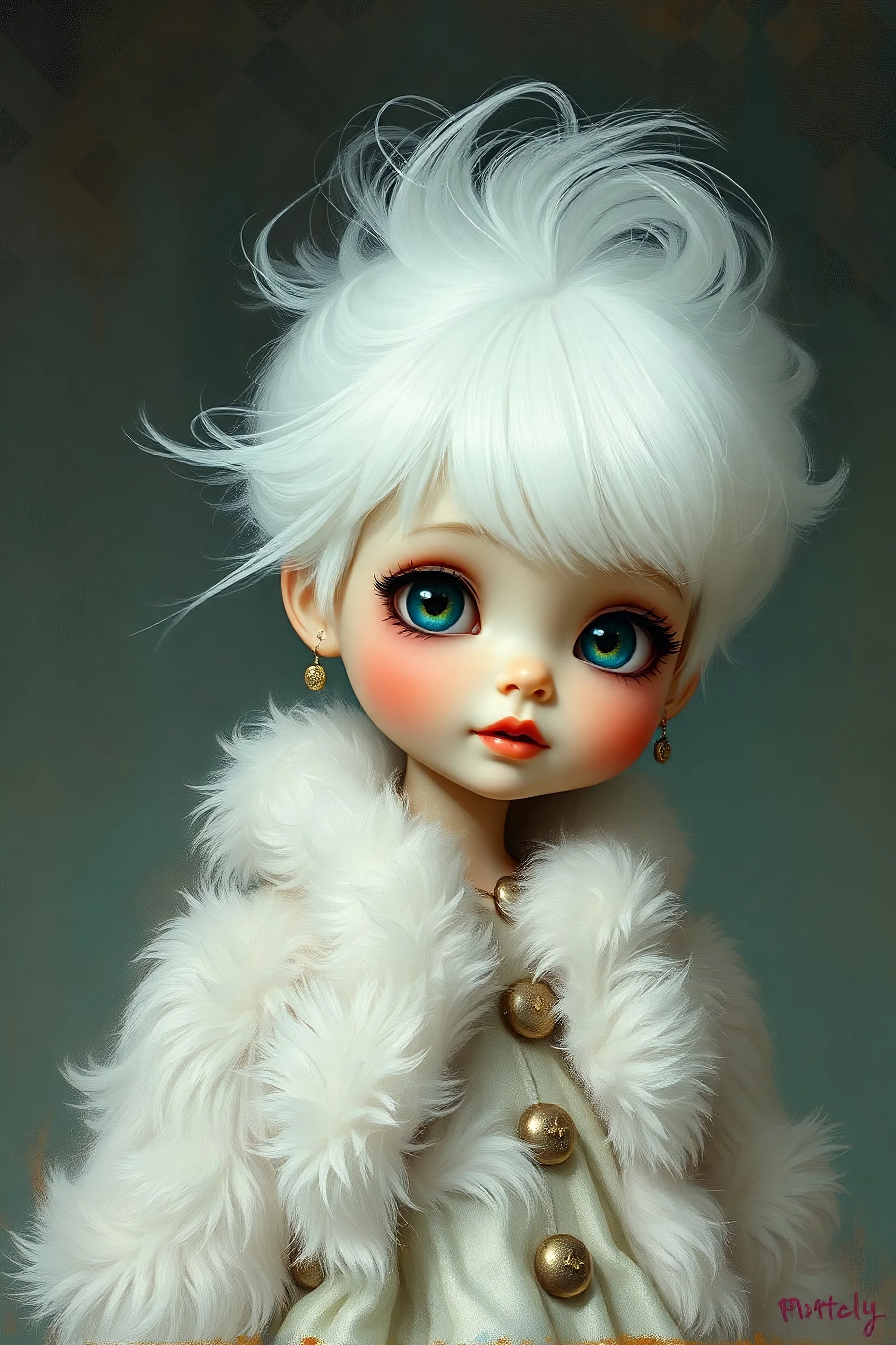 photorealistic impasto impressionist digital oil painting of a vintage styled cartoonish high Brats doll, white hair, puffy coat, ethereal