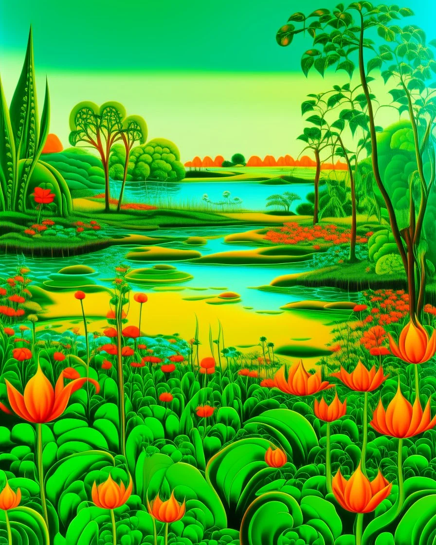 Green wetlands with fiery orange lilies designed in Scandinavian folk art painted by Salvador Dali