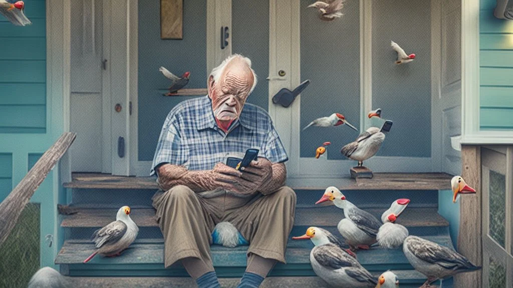 confused older man using cellphone on his porch surrounded by many ducks