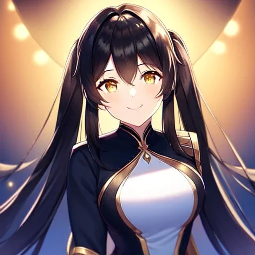 girl, masterpiece, best quality, volumetric lighting, detailed outfit, perfect eyes, black hair, golden eyes, long hair, twin ponytail, looking up, smile,