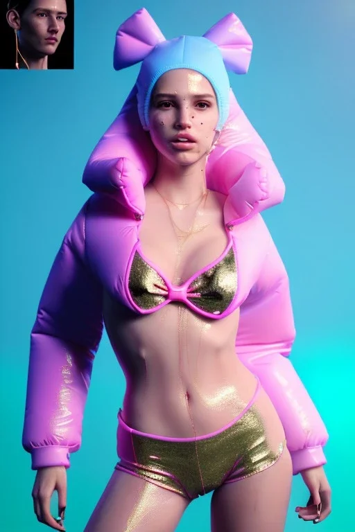 Ultra Realistic image, Rosalía artist, portrait, normal complexion, portrait, two bows, natural busty, black eye long line, sweet face, big t-shirt with holes, inflatable open coat, gold pink and blue style, glow, punk jewelry, fog, hot, inflatable style latex coat, vibrant color, highly detailed, art stations, concept art, smooth, unreal engine 5, god rays, ray tracing, RTX, lumen lighting, ultra detail, volumetric lighting, 3d, finely drawn, high definitio