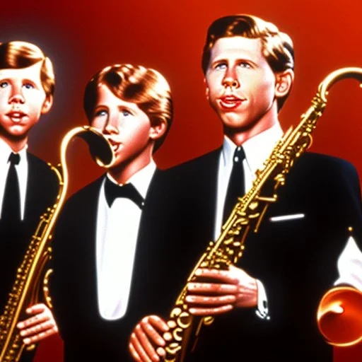 Eyes closed REd-haired Ron howard Is richie from happy days playing his saxophone with "eyes closed", rock band, embouchure, joanie cunningham