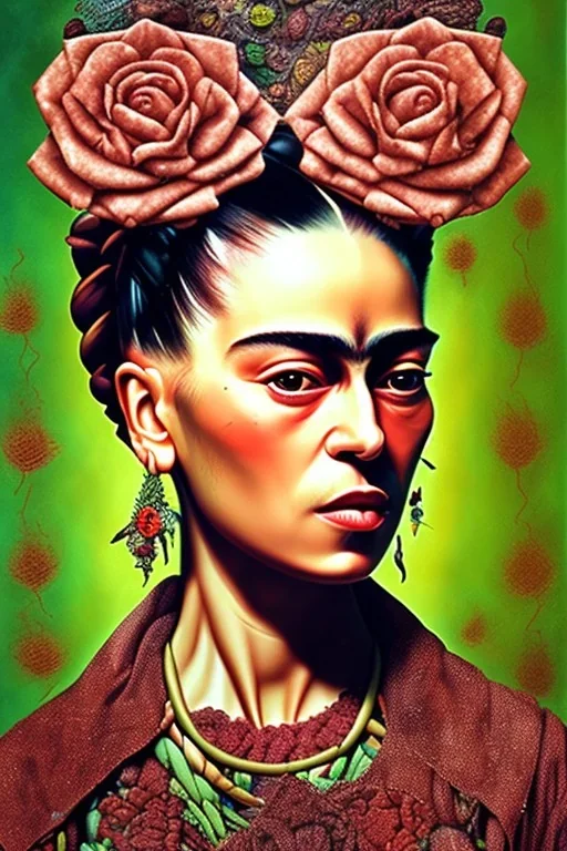 Frida Kahlo , an abstract painting of rusted metal and flowers, afro portrait, rust, scaffolding, iron cladding, decay, mixed media, textured, anatomically correct, beautiful perfect face, sharp focus, highly detailed