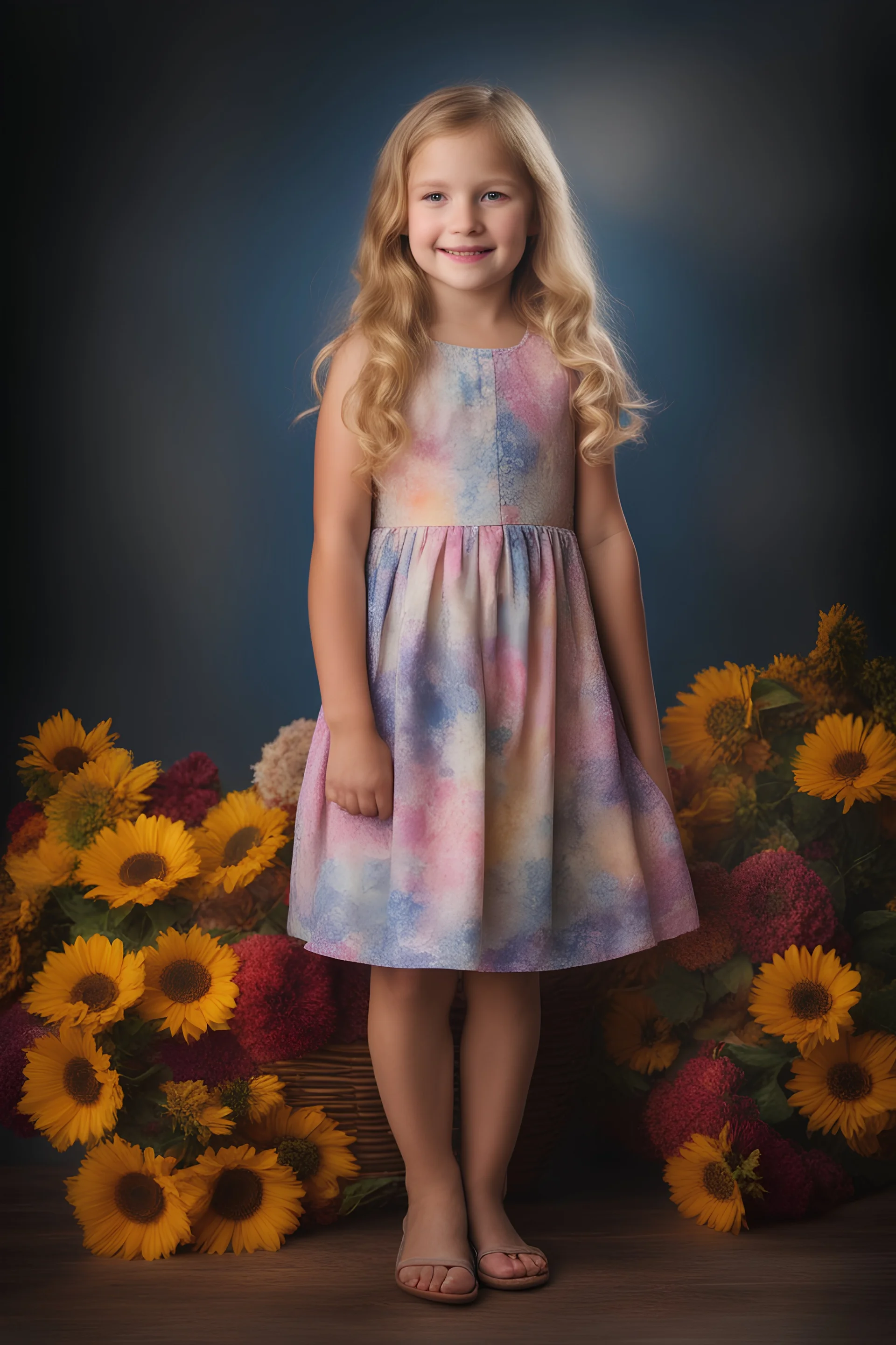 full body portrait - extremely beautiful 8-year-old girl, Long, wavy blonde hair, blue eyes, wearing a flowered dress, posing for her school pictures - smiling, facial makeup - gradated Background, professional quality studio 8x10 UHD Digital photograph, multicolored spotlight, Photorealistic, realistic stock photo, Professional quality Photograph. colored Fog - Multicolored lighting,