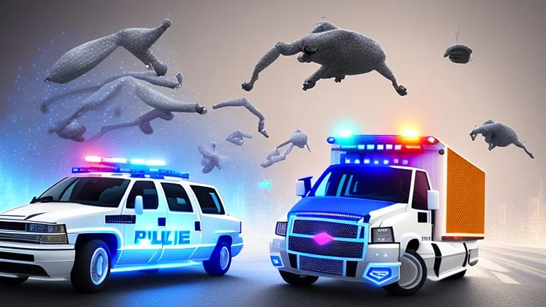 A police Tesla Cybertruck is chasing a Tesla 'Model S Plaid' at top speed, across the 'Jurassic Park' island. CINEMATIC. WIDE ANGLE LENS.