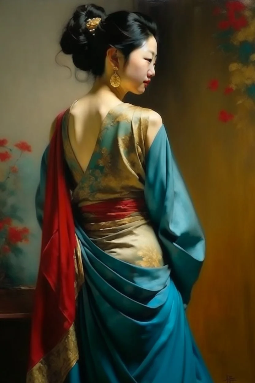 oriental woman with long dress looking back neoclassism whole body smiling painting looking over her shoulder