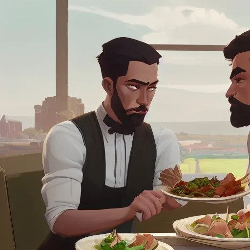 Two man sitting at the dining table eating an extremely healthy meal of fresh Whole Foods