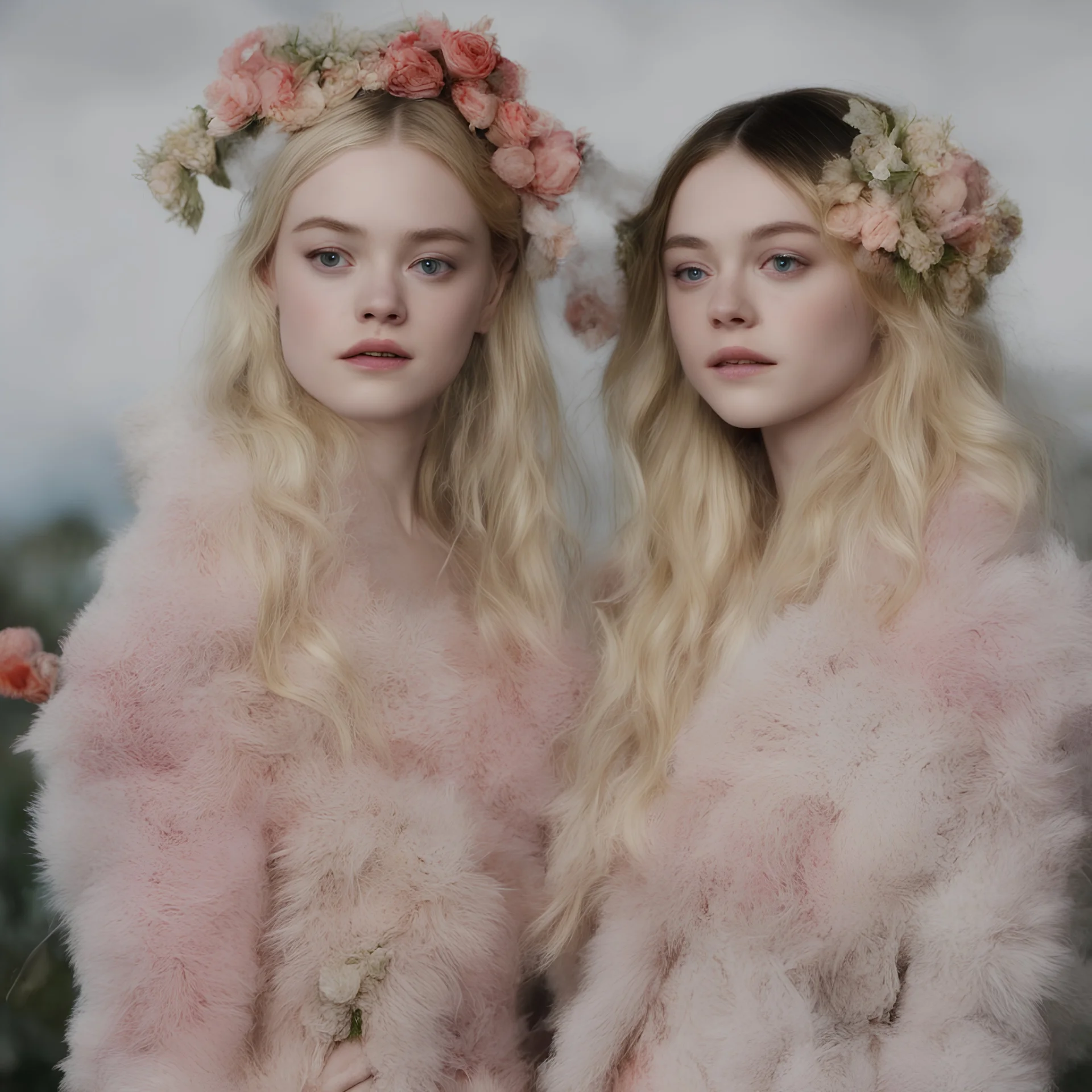 Elle fanning and dakota fanning , as flowers, in fur