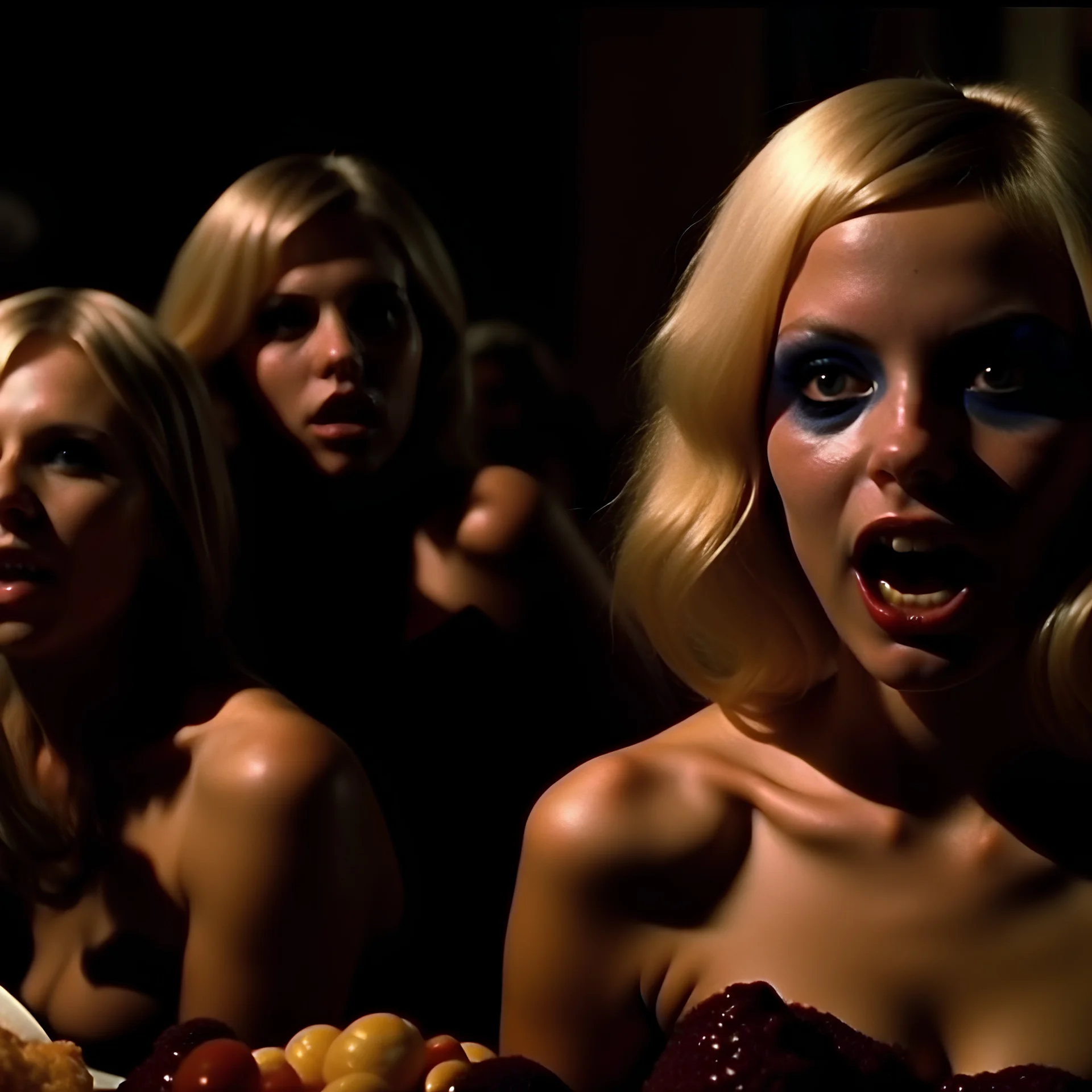 Horror movie shot, hot, ultra realistic, dine, horns, ultra chaos, realistic hot blonde women, party, pieces of meat, organs, hot dynamic, very excited people, hypermaximalist figures, light, 1970's Italian horror movie, sinister,, Dario Argento, Stanley Kubrik, ornate, 4k, photorealism