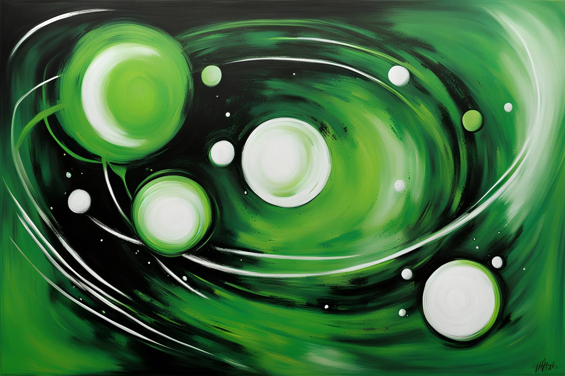 Green, white, and black abstract painting, with one planet, sci-fi, in impressionism painting