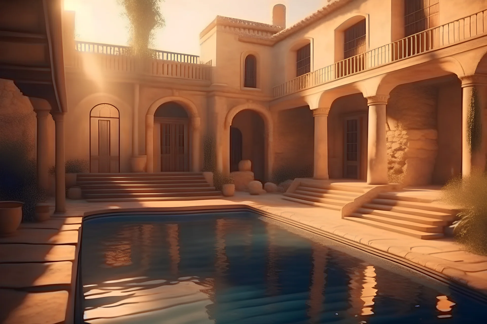 /imagine prompt: a dreamy luxury apartment in ancient ruins, with a pool in a yard, Cinematic, Warm Color Palette, 32k, Full-HD, Happy, Sunlight, sunset