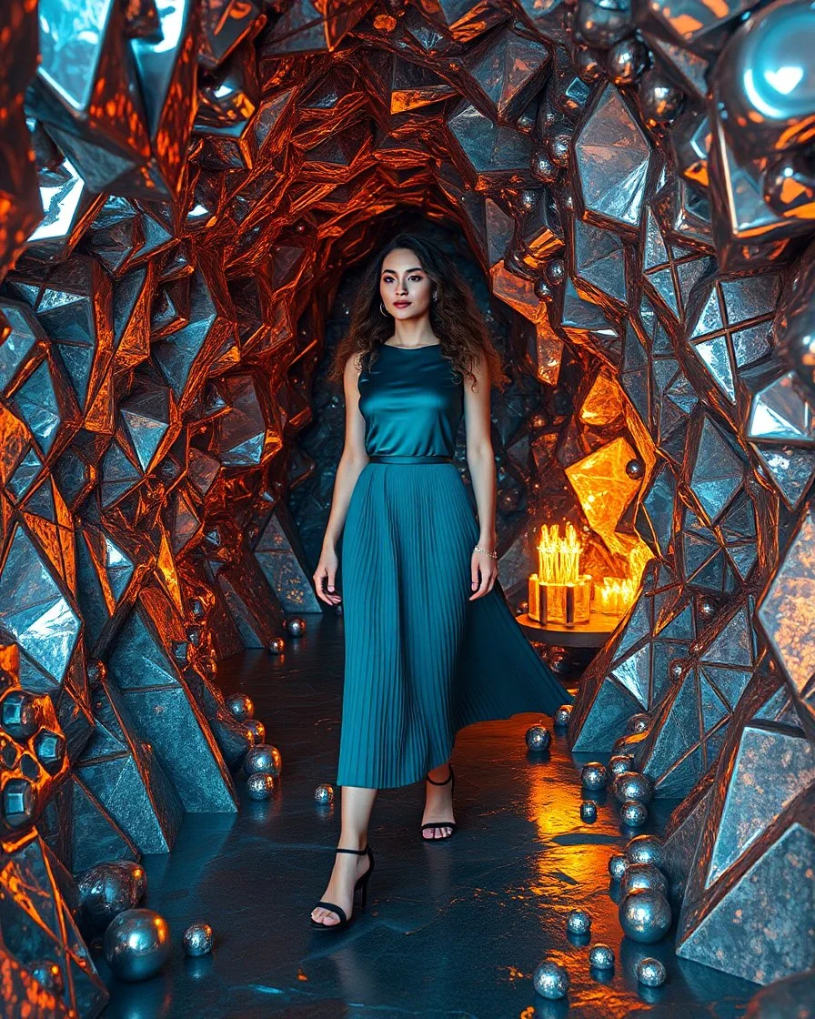 make a picture pretty cave made of crystal and metallic 3d fractal recursive cubic and sphere base structures and a beautiful fashion model lady with cute,with dark cyan decholte top and pretty pleated midi skirt,siver,curvy long hair,makeup, she walks in cave ,dynamic camera fallow her inside cave capturing full body, dynamic lights.