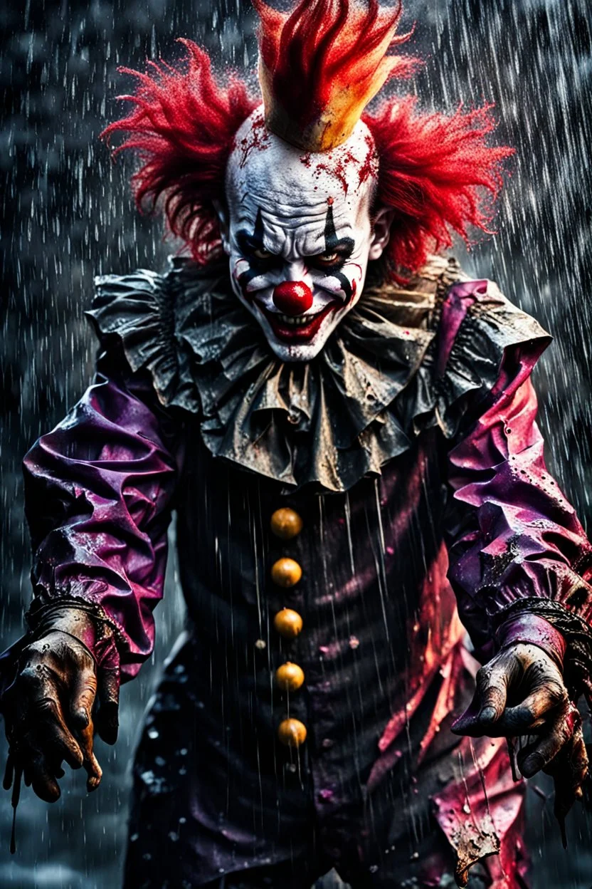 ultra detailed and highly realistic image of a gothic, scary clown, close up of him standing in the rain, the rain messed up his face makeup as it smudged of his face, chaotic, dramatic upclose view, 32k, splatter paint style