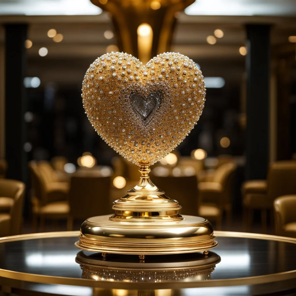 A magnificent golden and silver heart-shaped sign adorned with a stunning golden sphere encrusted with sparkling diamond clusters at its center, elegantly spinning in position.