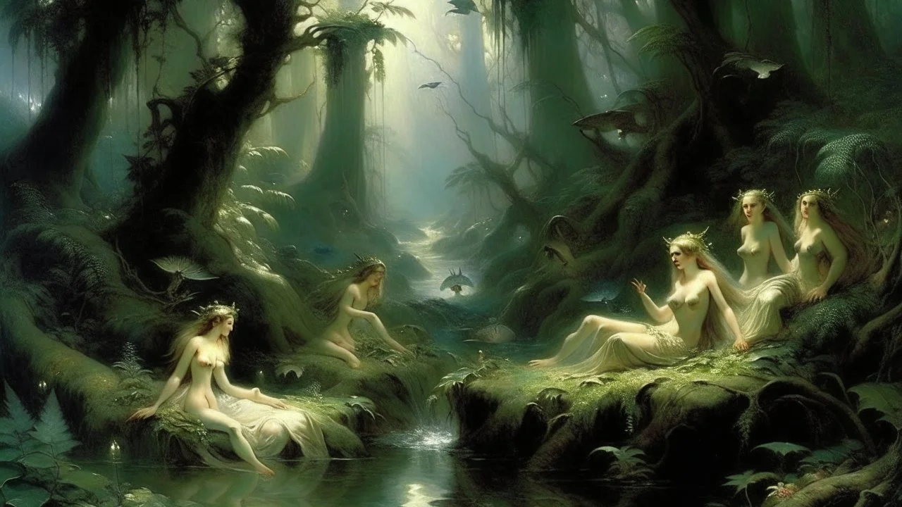 In the heart of a mystical forest, where the veil between reality and imagination is thin, lies a scene of ethereal beauty: The nymphs of the great bathers.