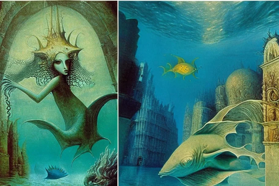 Mermaids in underwater city by "Leonora Carrington" and "Max Ernst" and "Michelangelo da Vinci!