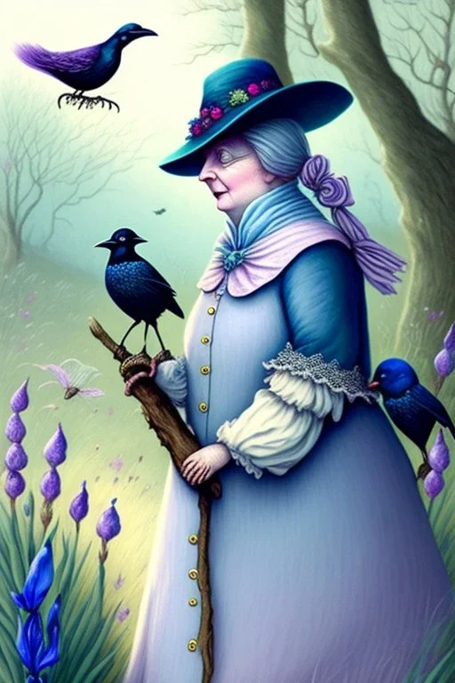 Friendly witch, playing with crows, perfect iris, pastel colours, style Beatrix Potter