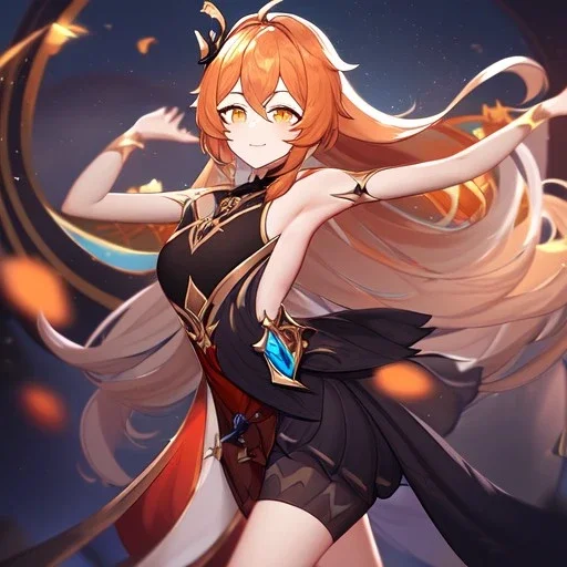 Clear focus,High resolution, Brown long straight hair, and yellow eyes, wearing a Genshin Impact Inspired outfit,Wearing a short skirt, Color pallete red orange black, dancing in the moonlight, Potrait