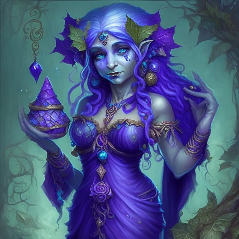 Cassavara - The Goddess of Change, Luck and Fortune, Patron of Halflings and Gnomes Lady Luck, purple dress, blue hair